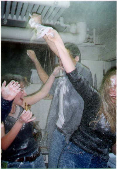 flour fight: laurel, galen, jenny